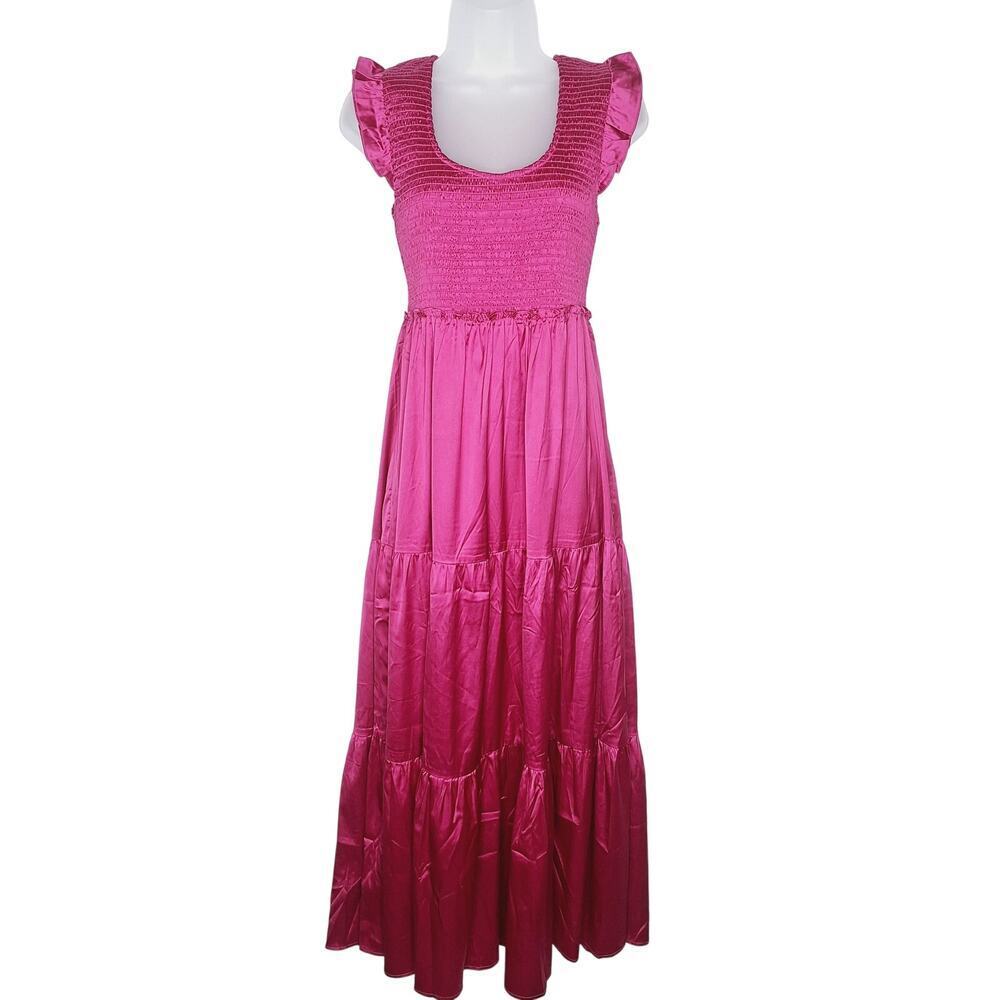 Natural Life Olivia Magenta Satin Maxi Dress Small Smocked Flutter Sleeve Jewel